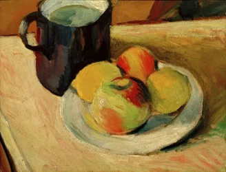 Melkkruik en appels op bord