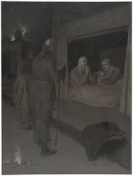 Njal, Bergthora en Thord Karisson besluiten zich levend te laten verbranden. Illustratie voor Njals saga, hfdst. 129