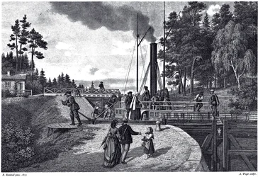 Uitzicht op de Juustila-sluizen in Finland, 1873