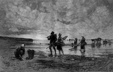 Grote vloed in het Kanaal (19e eeuw): schelpenvissers op een strand. Gravure naar het schilderij van Hagborg Auguste Wilhem Nikolaus in The Illustrous World nr. 1219 van 7 augustus