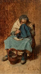 Oude Venetiaanse vrouw, zich snuitend
