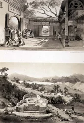 Interieur van de Grote Tempel in Macao en een Graf en Dorp tussen de Baai van Hong Kong en Cowloon, platen 8 en 7 uit 