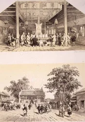 Interieur van de Boeddhatempel en een klein plein in de buitenwijken van Canton, platen 25 en 26 uit 