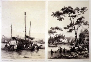 Handelsjunk achter Canton en een dorp nabij Canton, platen 32 en 31 uit 
