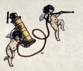 De geneugten van de clystere. Twee engelen dragen een pomp voor een klysma. Illustratie door Auguste Leroux (1871-1954)