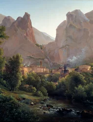 Het dorp Moustiers Sainte Marie (Moustiers Sainte-Marie) Detail. Schilderij door Auguste Bec (1797-1874) 19e eeuw Aix en Provence, Musee Granet