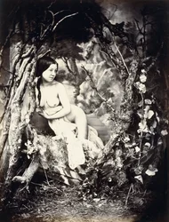 Een halfnaakte vrouw tussen bomen, ca. jaren 1850-1860