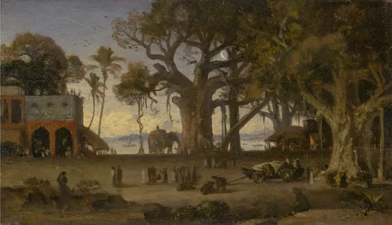 Maanverlichte Scène van Indiase Figuren en Olifanten tussen Banyanbomen, Boven-India (waarschijnlijk Lucknow)