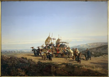 Reizigers gebruiken een wagen met zeilen en worden geschoten door mannen. Schilderij door Auguste Borget