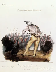 Louis Philippe met een slaapmuts op zijn hoofd, omringd door kalkoenen