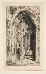 Bedelaar bij een kerkportaal
