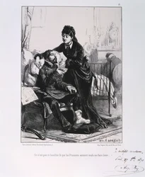 Een vrouw die een gewonde soldaat soep geeft, Beleg van Parijs, Frans-Duitse Oorlog, 1870-1871