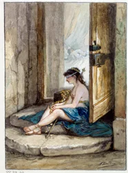 Illustratie van de fabel "De man die achter fortuin aanrent en de man die op hem wacht in zijn bed" door Jean de La Fontaine. Aquarel door Auguste Delierre (1829-c.1890)