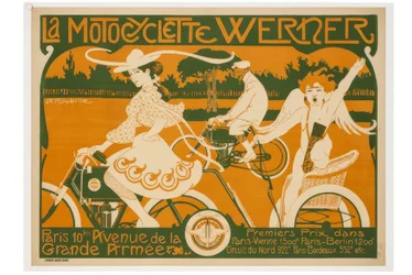 De Werner-motorfiets. Parijs, Avenue de la Grande Armée 10. Eerste prijs in Parijs-Wenen 1500 km, Parijs-Berlijn 1200 km.