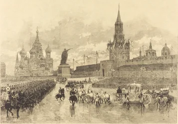De Kroning van de Tsaar. De Keizerlijke Processie doorkruist het Koninklijk Plein, 1883