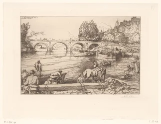 Gezicht op de Pont Marie met figuren in de Seine