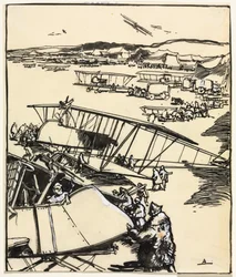 Vliegtuigen rusten op het terrein, 1914