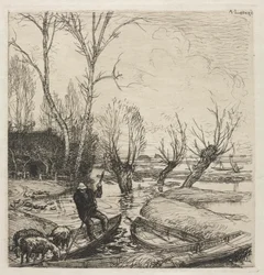 Man in een boot met drie schapen