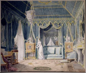 Boudoir van koningin Hortense de Beauharnais (1783-1837) in 1811. Aquarel door Auguste Garneray (1785-1824). Privécollectie