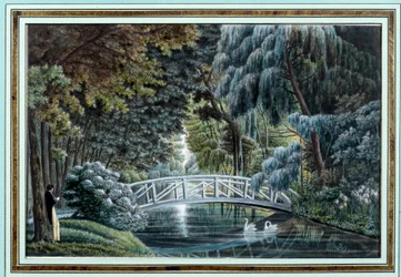 Zicht op de houten brug over de rivier links van het kasteel van Malmaison