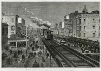 Dubbel spoor van de Airline Railway op Seventh Avenue, New York, New York. Edouard de Laveleye, in 1878-1879, gepubliceerd in de Tour du monde, onder leiding van Edouard Charton (1807-1890)