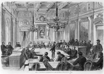 Leden van de Commune in vergadering in het Hotel de Ville, Salle des Maires, Parijs, 1871