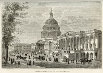 Het Capitool, zetel van de wetgevende macht, gebouwd tussen 1793 en 1830, in Washington (District of Columbia), de hoofdstad van de Verenigde Staten. Gravure naar de tekening van A.Deroy, ter illustratie van het verhaal La conquete blanche, door William He