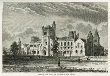 De Universiteit van Toronto, tekening door A. Deroy, ter illustratie van het verhaal van een excursie naar Canada en de Noordelijke Rode Rivier in 1873 door H. de Lamotte. Gravure in Le tour du monde
