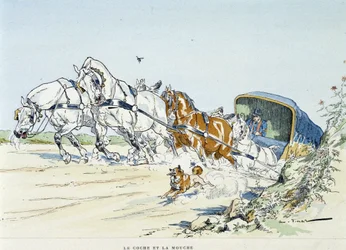 De koets en de vlieg - in "Fabels van La Fontaine", geïllustreerd door Auguste Vimar (1851-1916), Tours, bij A, Mame & Fils