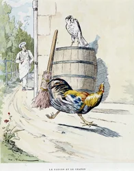 Le faucon en de kapoen in Les Fables de La Fontaine, ill. door Auguste Vimar, Tours, bij A, Mame & Fils