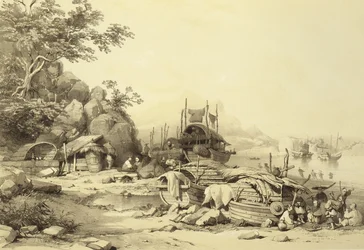 Woonboten in de Baai van Cowloon, plaat 6 uit Schetsen van China, gegraveerd door Eugene Ciceri, 1842