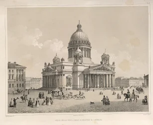Sint-Isaacskathedraal gezien vanaf de Admiralteysky Prospekt Uit: De bouw van de Sint-Isaacskathedraal, 1845