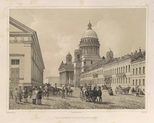 Sint-Isaacskathedraal gezien vanaf de Cavalerie Manege uit: De bouw van de Sint-Isaacskathedraal, 1845