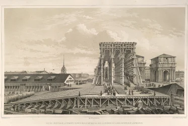 De eerste kolom van de bouw Uit: De bouw van de Sint-Isaacskathedraal, 1845