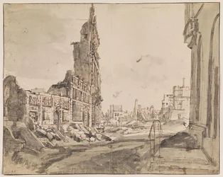 Uitzicht over de noordoost- en noordwesthoeken van de Grote Markt na het bombardement in 1695