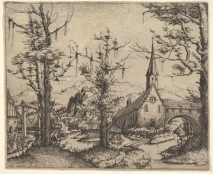 Landschap met vier bomen en een kerk rechts, 1545