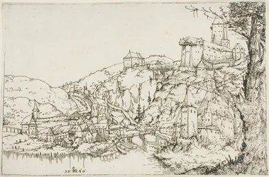 Landschap met rivier, stad en kasteel