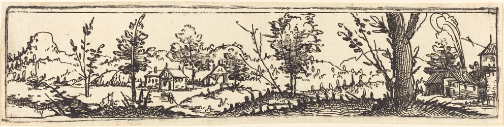 Landschap met zes enkele bomen en drie kleine boerderijen