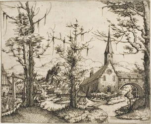 Landschap met een kerk en overdekte brug