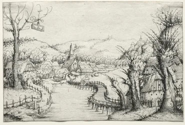 Rivierlandschap met drie kale wilgen rechts en een lange kronkelende houten brug in het midden die naar een dorp leidt