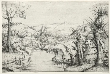 Rivierlandschap met rechts drie kale wilgenbomen en in het midden een lange kronkelende houten brug die naar een dorp leidt