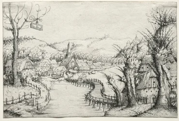 Rivierlandschap met drie kale wilgen rechts en een lange kronkelende houten brug..., 1546