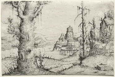 Rivierlandschap met grote boom links