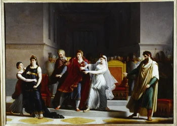 Laatste scène van de tragedie "Rodogune" in het Théâtre-Français, 1810 (olieverf op doek)