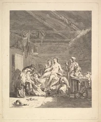 Na de huwelijksnacht moeten de lakens getoond worden. Uit Voyage en Sibérie, 1767