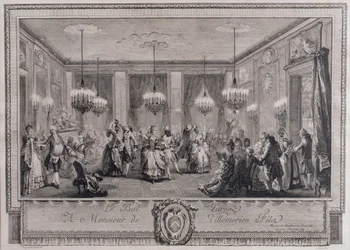 Het Avondjurkbal in het Huis van Monsieur de Villemorien Fila, gegraveerd door L. Provost