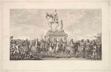 De inauguratie van het standbeeld van Lodewijk XV, vignette op pagina 1, uit Description des Trava
