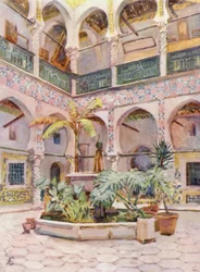 Binnenplaats van de Nationale Bibliotheek, Algiers (kleurenlitho)