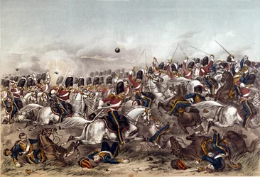 Slag bij Balaclava. Schitterende aanval van de Scots Greys, 25 oktober 1854, gegraveerd door Augustus Butler, uitgegeven door Stannard en Dixon, Londen, 6 januari 1855