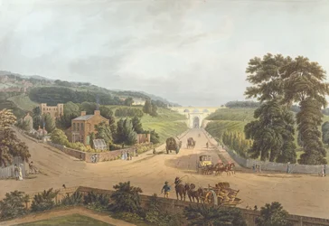 Een uitzicht op de Highgate Archway, gegraveerd door John Hill